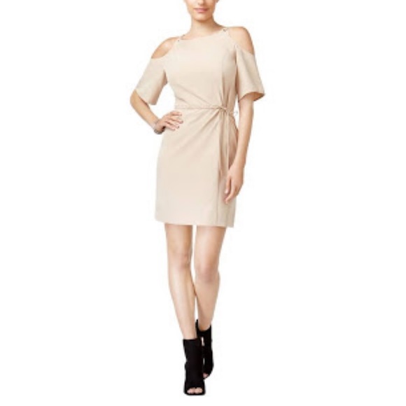 Beige Cold Shoulder Casual Tie Waist Mini Dress - Picture 2 of 4